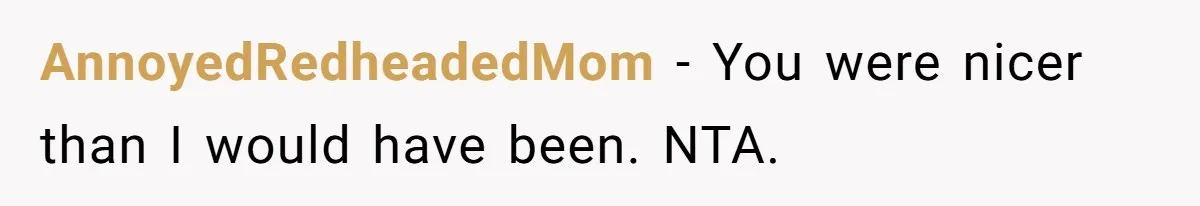 AnnoyedRedheadedMom − You were nicer than I would have been. NTA.