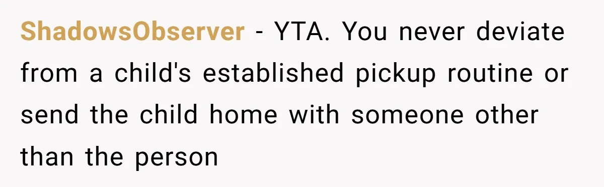 ShadowsObserver − YTA. You never deviate from a child's established pickup routine or send the child home with someone other than the person