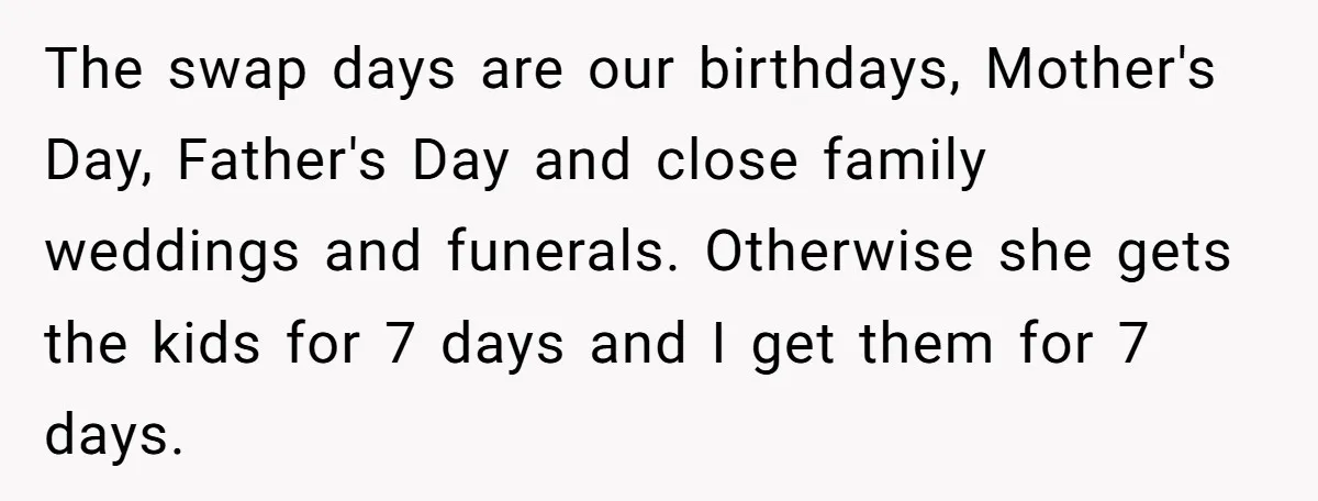 The swap days are our birthdays, Mother's Day, Father's Day and close family weddings and funerals. Otherwise she gets the kids for 7 days and I get them for 7...