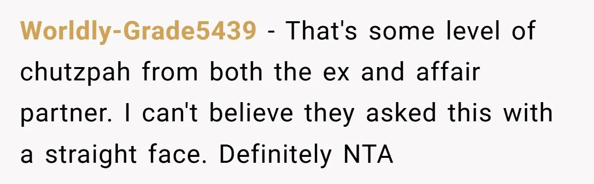Worldly-Grade5439 − That's some level of chutzpah from both the ex and affair partner. I can't believe they asked this with a straight face. Definitely NTA