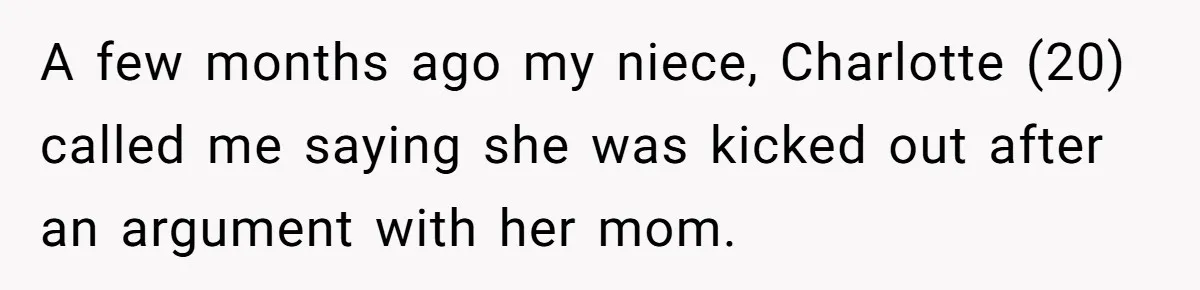 A few months ago my niece, Charlotte (20) called me saying she was kicked out after an argument with her mom.