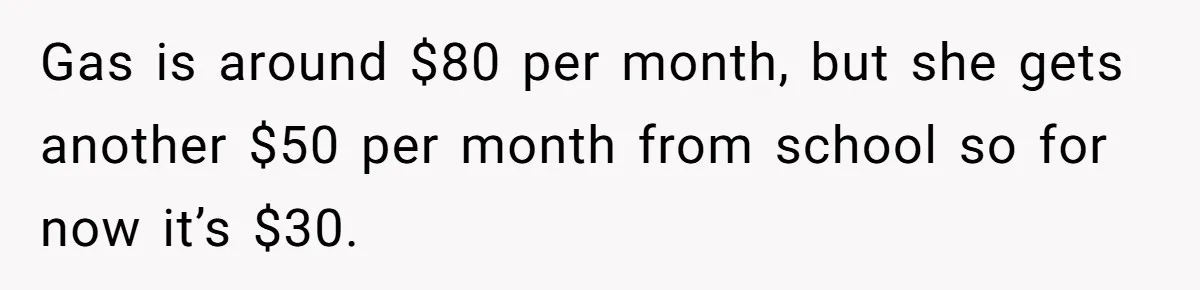 Gas is around $80 per month, but she gets another $50 per month from school so for now it’s $30.