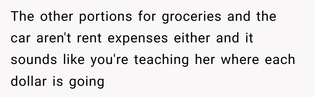 The other portions for groceries and the car aren't rent expenses either and it sounds like you're teaching her where each dollar is going