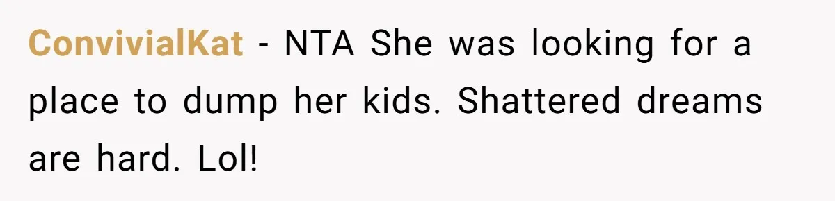 ConvivialKat − NTA She was looking for a place to dump her kids. Shattered dreams are hard. Lol!