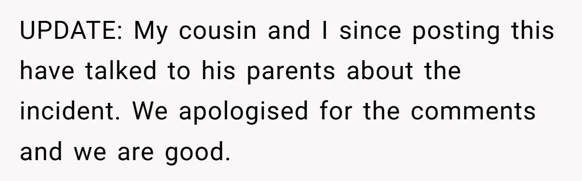 UPDATE: My cousin and I since posting this have talked to his parents about the incident. We apologised for the comments and we are good.