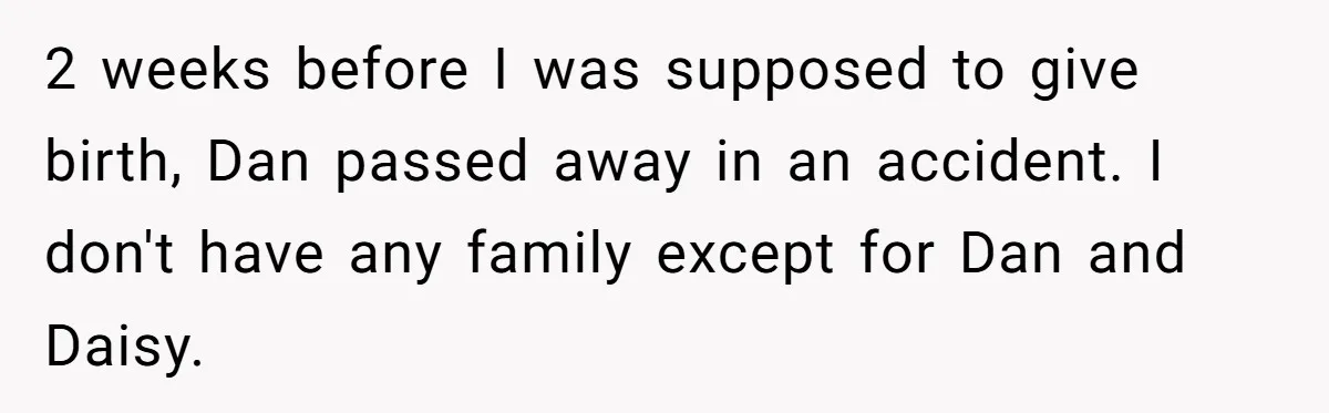 2 weeks before I was supposed to give birth, Dan passed away in an accident. I don't have any family except for Dan and Daisy.