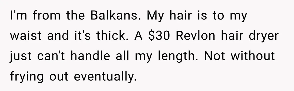 I'm from the Balkans. My hair is to my waist and it's thick. A $30 Revlon hair dryer just can't handle all my length. Not without frying out eventually.