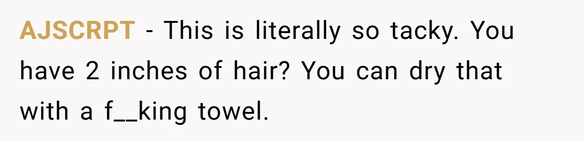AJSCRPT − This is literally so tacky. You have 2 inches of hair? You can dry that with a f__king towel.