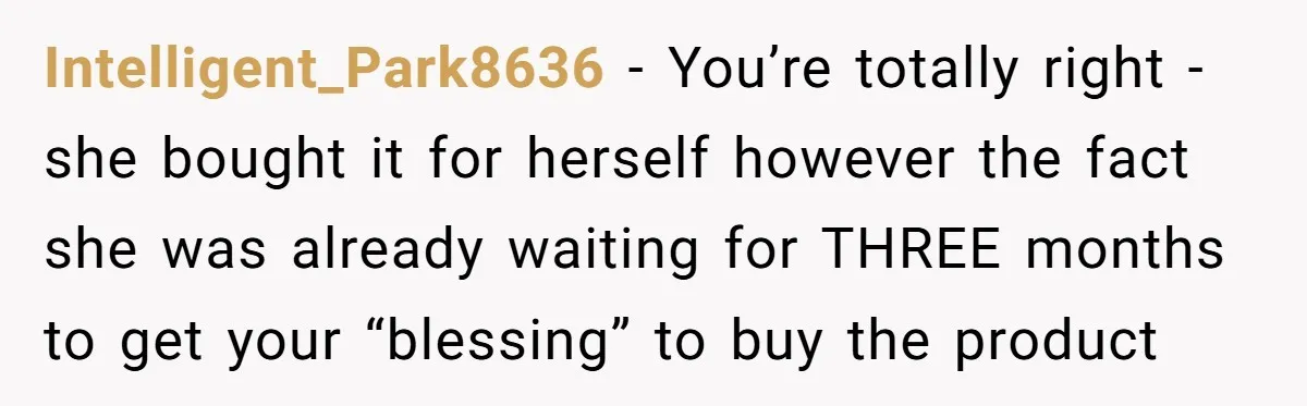 Intelligent_Park8636 − You’re totally right - she bought it for herself however the fact she was already waiting for THREE months to get your “blessing” to buy the product