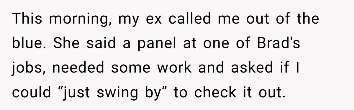 This morning, my ex called me out of the blue. She said a panel at one of Brad's jobs, needed some work and asked if I could “just swing by”...