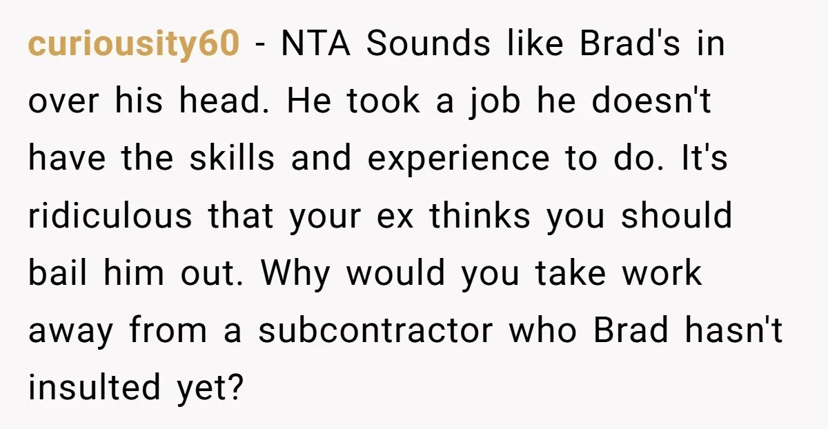 curiousity60 − NTA Sounds like Brad's in over his head. He took a job he doesn't have the skills and experience to do. It's ridiculous that your ex thinks you...