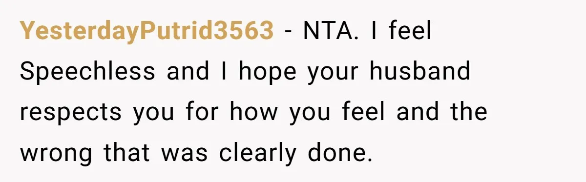YesterdayPutrid3563 − NTA. I feel Speechless and I hope your husband respects you for how you feel and the wrong that was clearly done.