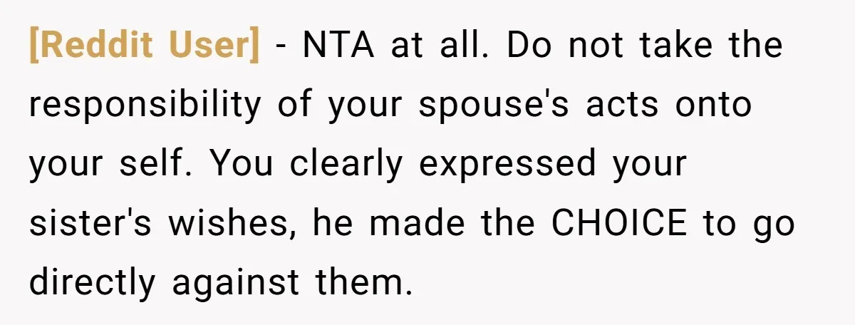 [Reddit User] − NTA at all. Do not take the responsibility of your spouse's acts onto your self. You clearly expressed your sister's wishes, he made the CHOICE to go...