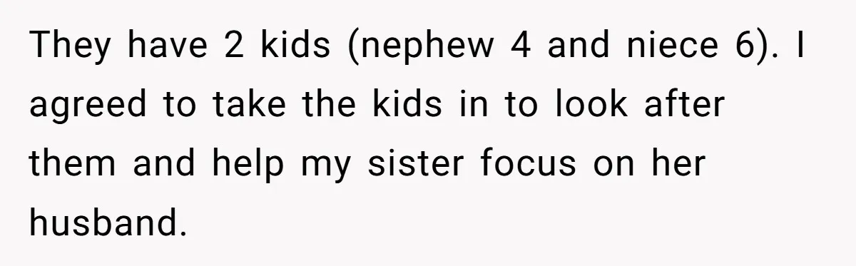 They have 2 kids (nephew 4 and niece 6). I agreed to take the kids in to look after them and help my sister focus on her husband.