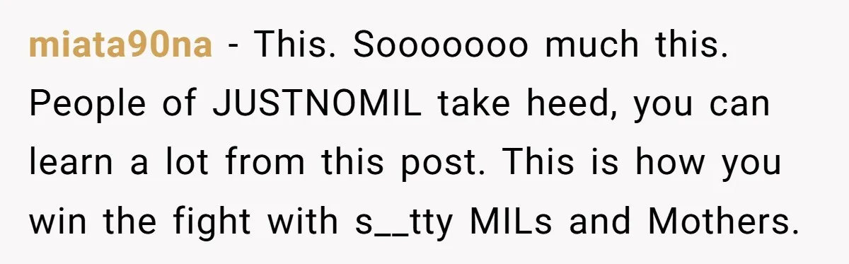 miata90na − This. Sooooooo much this. People of JUSTNOMIL take heed, you can learn a lot from this post. This is how you win the fight with s__tty MILs and...