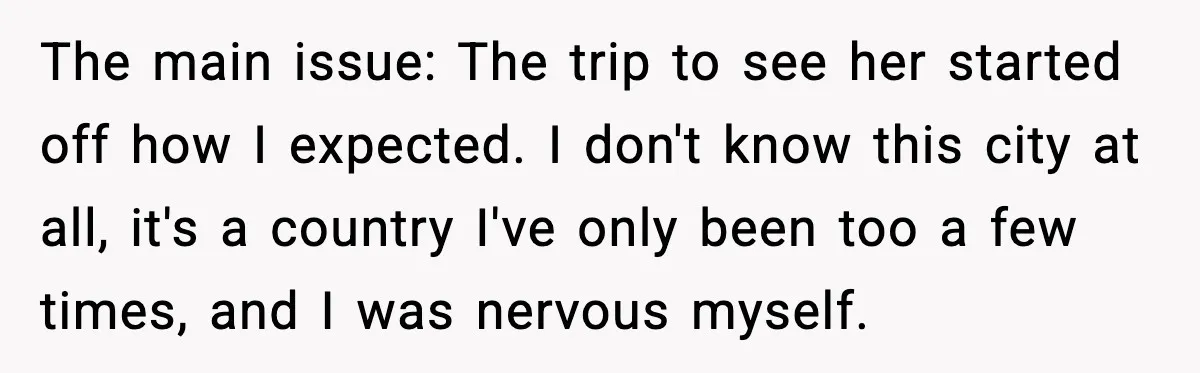 The main issue: The trip to see her started off how I expected. I don't know this city at all, it's a country I've only been too a few times,...