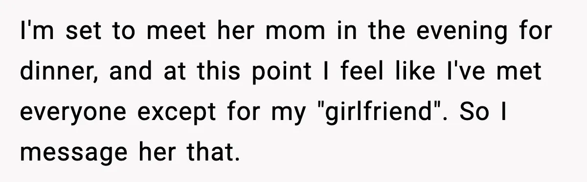 I'm set to meet her mom in the evening for dinner, and at this point I feel like I've met everyone except for my "girlfriend". So I message her that.