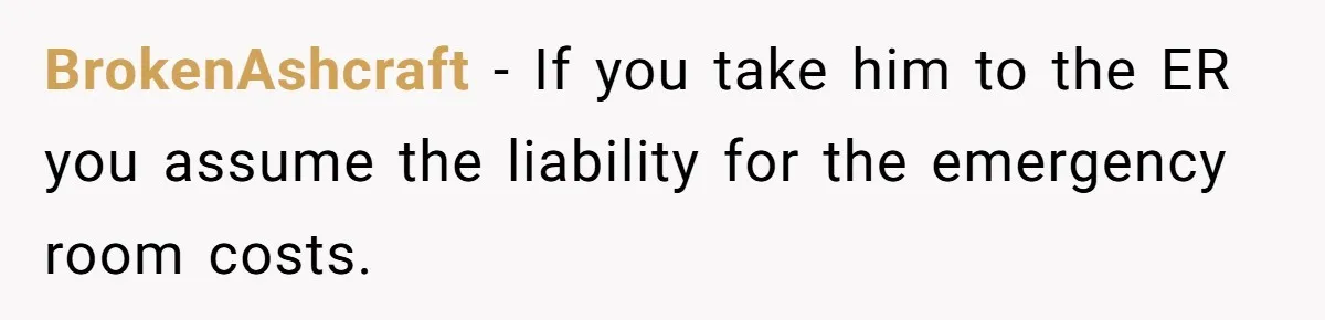 BrokenAshcraft − If you take him to the ER you assume the liability for the emergency room costs.