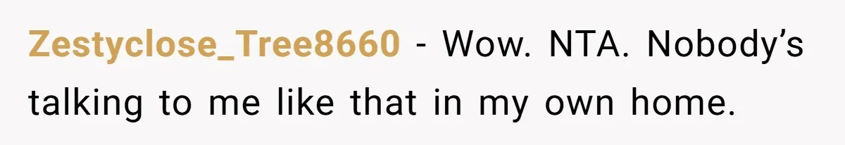 Zestyclose_Tree8660 − Wow. NTA. Nobody’s talking to me like that in my own home.