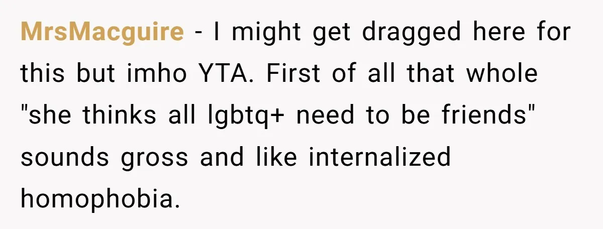 MrsMacguire − I might get dragged here for this but imho YTA. First of all that whole "she thinks all lgbtq+ need to be friends" sounds gross and like internalized...