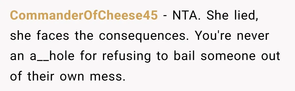 CommanderOfCheese45 − NTA. She lied, she faces the consequences. You're never an a__hole for refusing to bail someone out of their own mess.