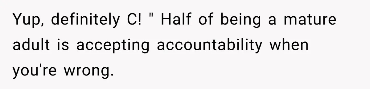 Yup, definitely C! " Half of being a mature adult is accepting accountability when you're wrong.