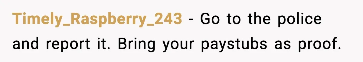 Timely_Raspberry_243 - Go to the police and report it. Bring your paystubs as proof.