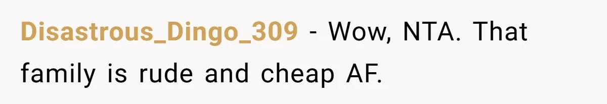 Disastrous_Dingo_309 − Wow, NTA. That family is rude and cheap AF.