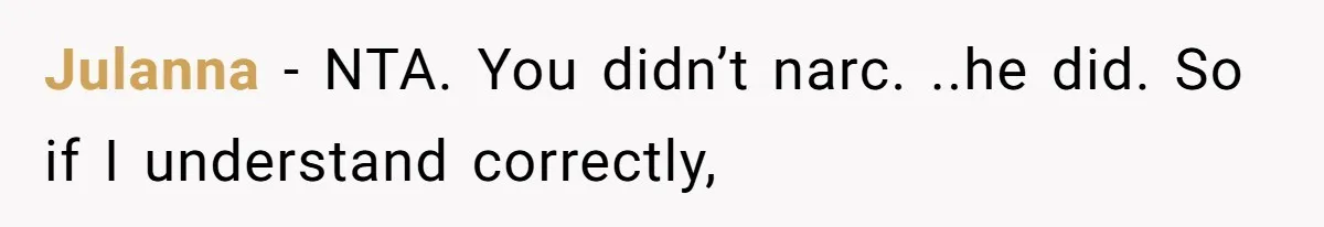 Julanna − NTA. You didn’t narc. ..he did. So if I understand correctly,