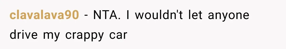 clavalava90 − NTA. I wouldn't let anyone drive my crappy car
