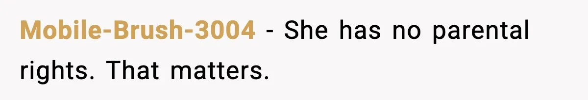 Mobile-Brush-3004 - She has no parental rights. That matters.
