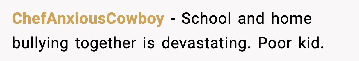 ChefAnxiousCowboy - School and home bullying together is devastating. Poor kid.