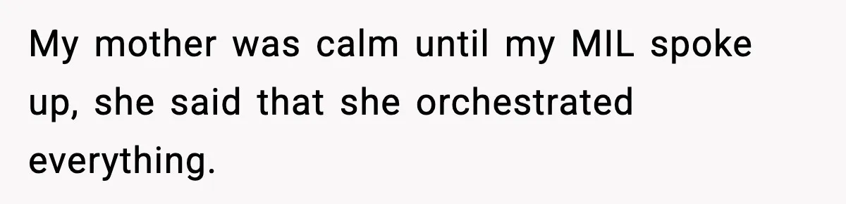 My mother was calm until my MIL spoke up, she said that she orchestrated everything.