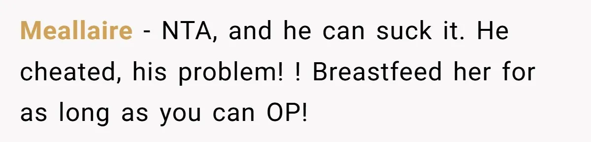 Meallaire − NTA, and he can suck it. He cheated, his problem! ! Breastfeed her for as long as you can OP!