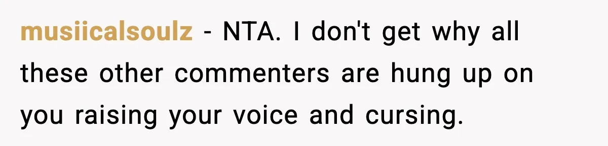 musiicalsoulz − NTA. I don't get why all these other commenters are hung up on you raising your voice and cursing.