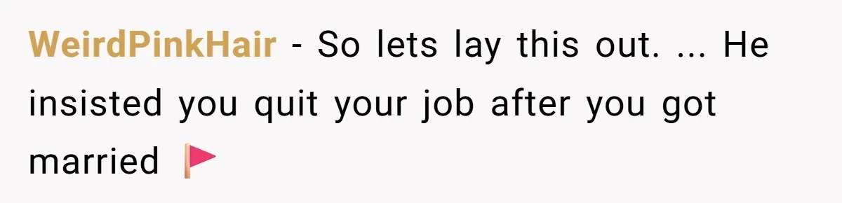 WeirdPinkHair − So lets lay this out. ... He insisted you quit your job after you got married 🚩