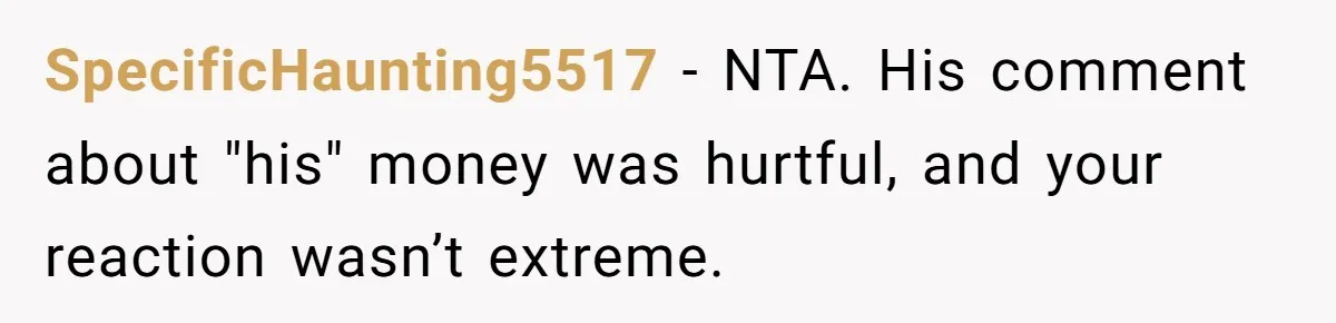 SpecificHaunting5517 − NTA. His comment about "his" money was hurtful, and your reaction wasn’t extreme.