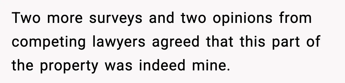 Two more surveys and two opinions from competing lawyers agreed that this part of the property was indeed mine.