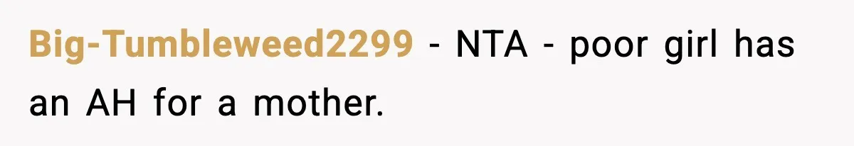 Big-Tumbleweed2299 − NTA - poor girl has an AH for a mother.