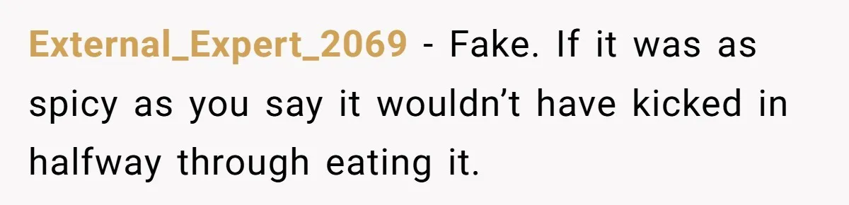 External_Expert_2069 − Fake. If it was as spicy as you say it wouldn’t have kicked in halfway through eating it.