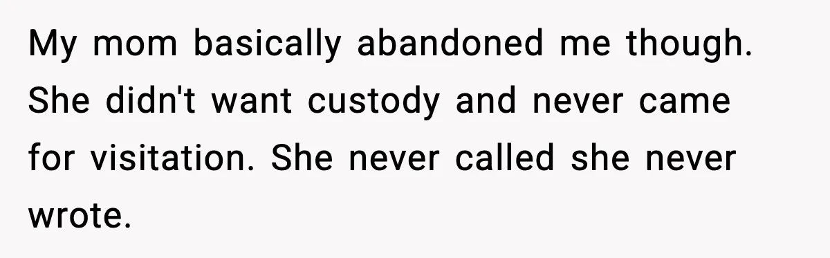 My mom basically abandoned me though. She didn't want custody and never came for visitation. She never called she never wrote.