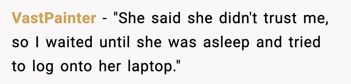 VastPainter − "She said she didn't trust me, so I waited until she was asleep and tried to log onto her laptop."