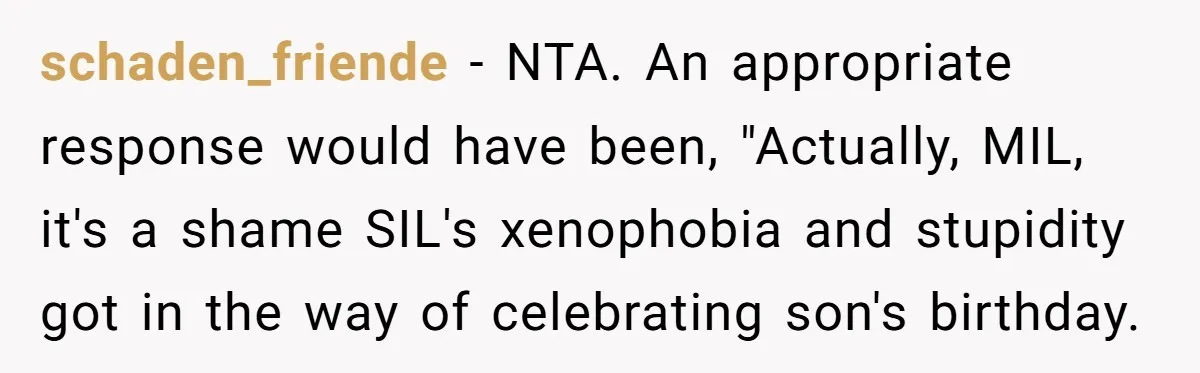 schaden_friende − NTA. An appropriate response would have been, "Actually, MIL, it's a shame SIL's xenophobia and stupidity got in the way of celebrating son's birthday.