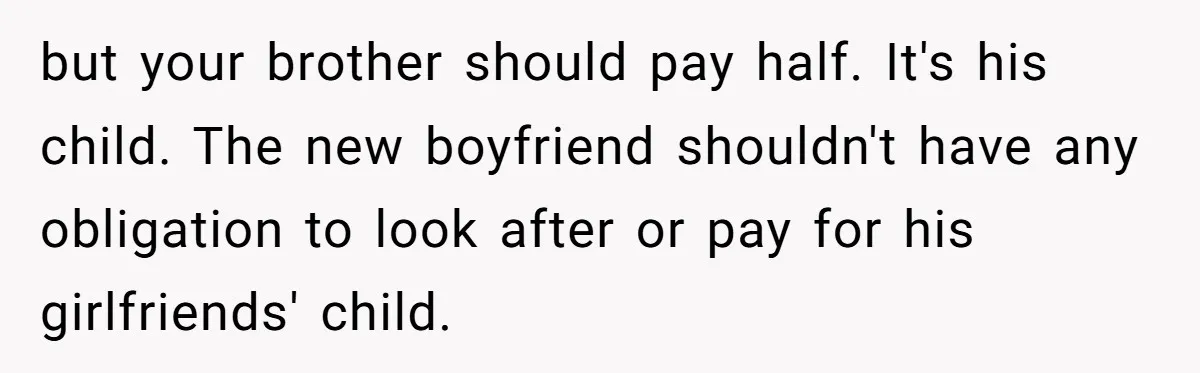 but your brother should pay half. It's his child. The new boyfriend shouldn't have any obligation to look after or pay for his girlfriends' child.