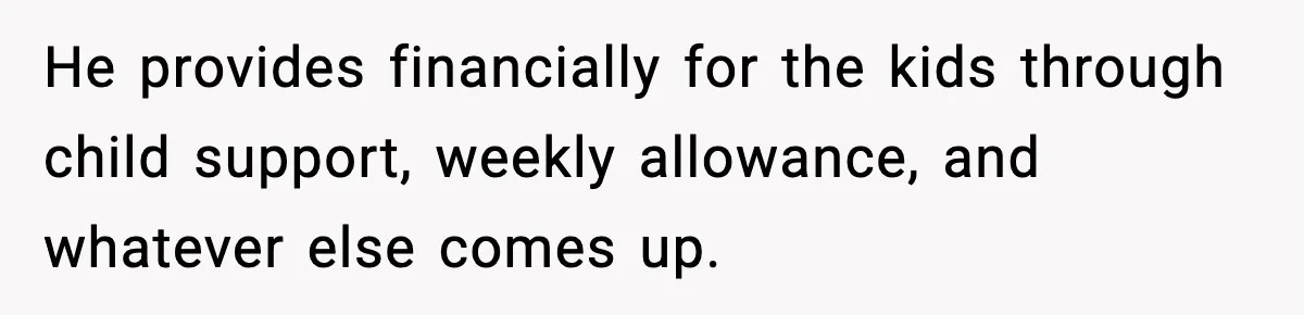 He provides financially for the kids through child support, weekly allowance, and whatever else comes up.