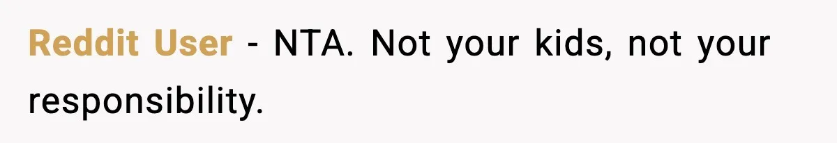 Reddit User - NTA. Not your kids, not your responsibility.