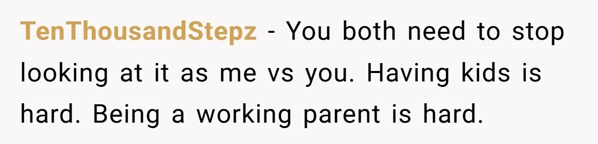 TenThousandStepz − You both need to stop looking at it as me vs you. Having kids is hard. Being a working parent is hard.
