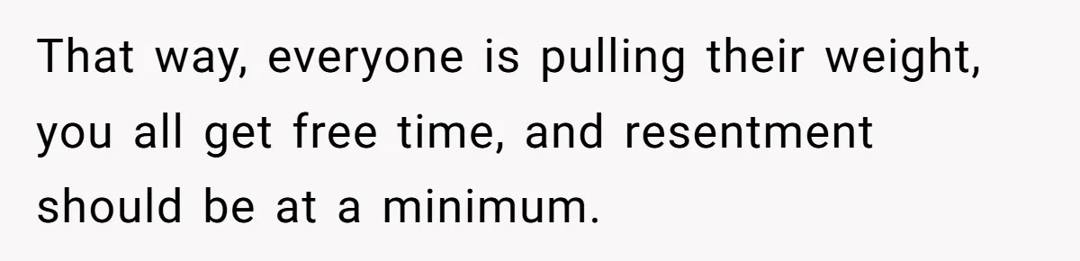 That way, everyone is pulling their weight, you all get free time, and resentment should be at a minimum.