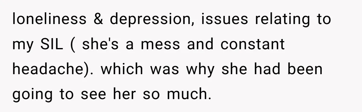 loneliness & depression, issues relating to my SIL ( she's a mess and constant headache). which was why she had been going to see her so much.