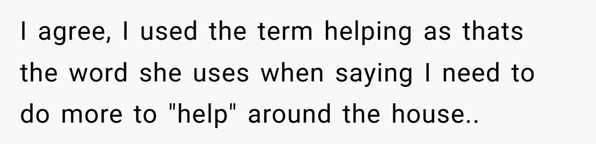 I agree, I used the term helping as thats the word she uses when saying I need to do more to "help" around the house..